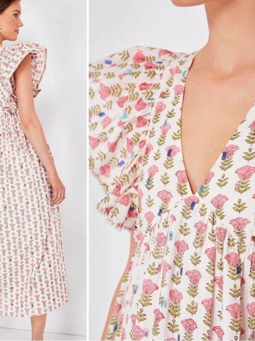 Saylor Darya Cherry Blossom Floral Ruffle Sleeve Maxi Dress XS